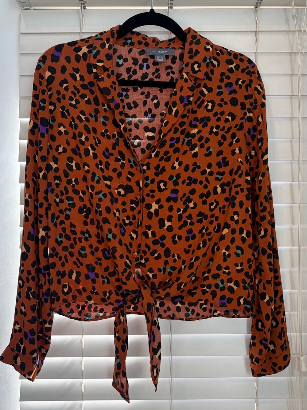 Primark Burnt Orange Leopard Print Tie Front Cropped Blouse Size 6